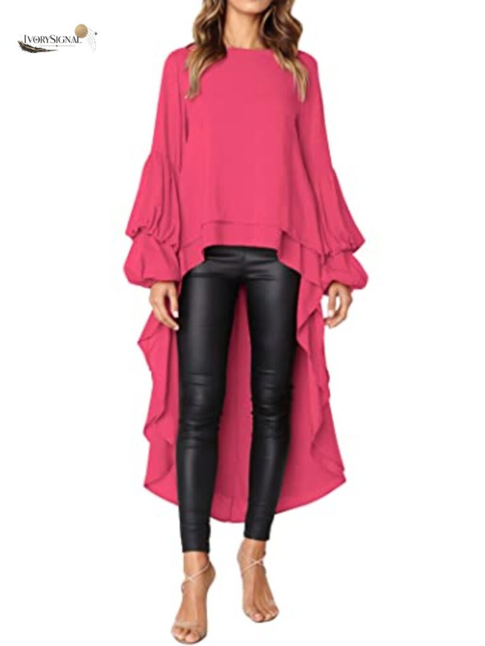 Women's Long Sleeve Lantern Blouse Chiffon High Low Asymmetrical Hem Tunic Top